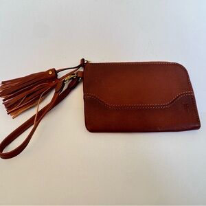Frye Leather Wristlet Clutch Wallet Brown Tassel Strap